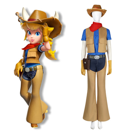 Xcoser Princess Peach: Showtime Cowgirl Peach Cosplay-Kostüm, Hut, Erwachsene/Kinder, komplettes Set